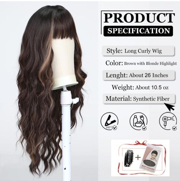 Long Curly Brown with Blonde Highlight Wigs with Bangs 26 in - Picture 2 of 6